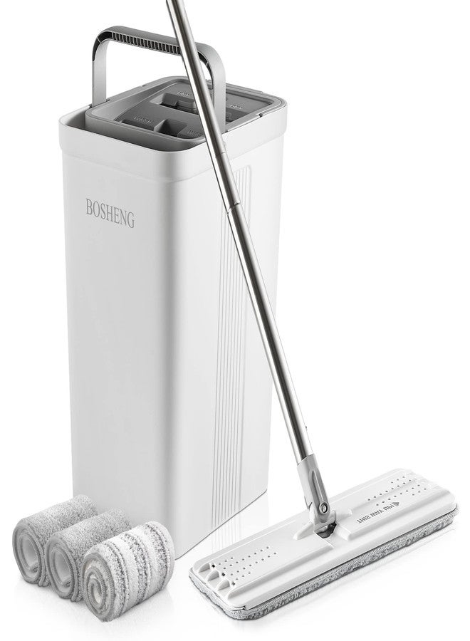BOSHENG Mop and Bucket with Wringer Set, Flat Floor Mop and Bucket, with 3 Microfiber Mops for Floor Cleaning, Wet and Dry Use for Household Cleaning - White - Image 1